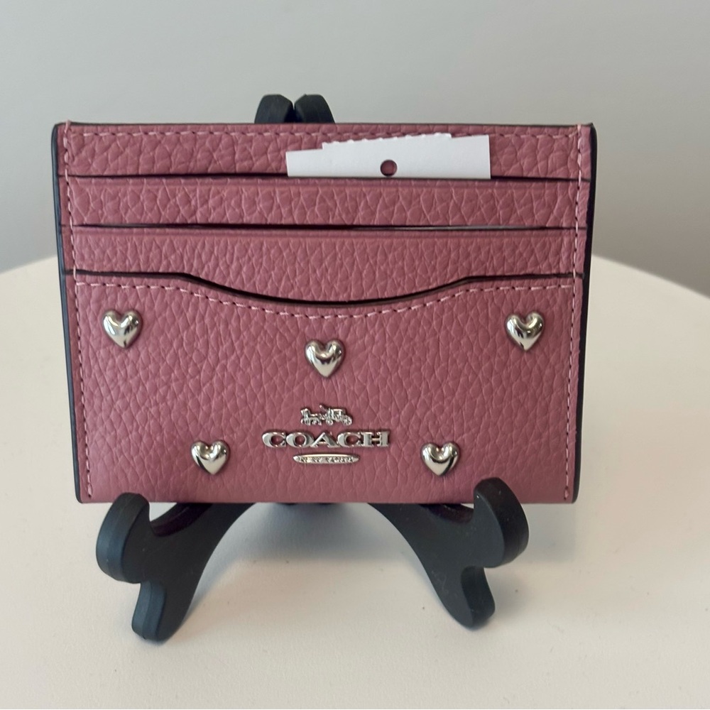 Coach Rose Color Card Holder with Silver Heart Details NWT
